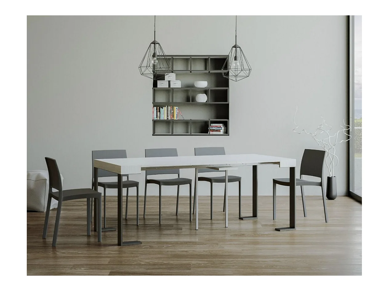 Console extensible bois et acier Tiroz-Couleur Gris ciment-Sur roulettes-3 rallonges fines