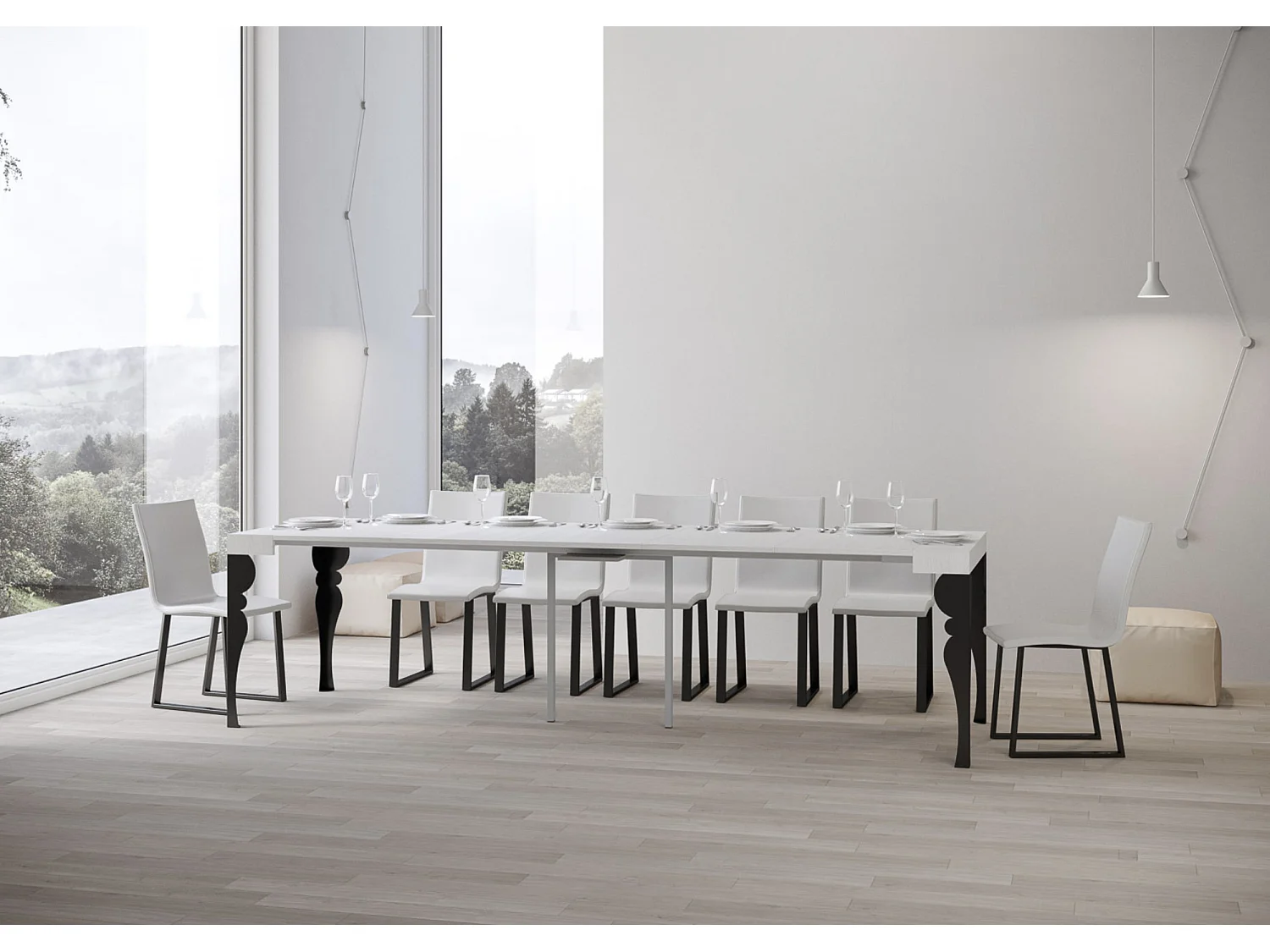 Console extensible style oriental Torza-Couleur Blanc-4 pieds-5 rallonges fines