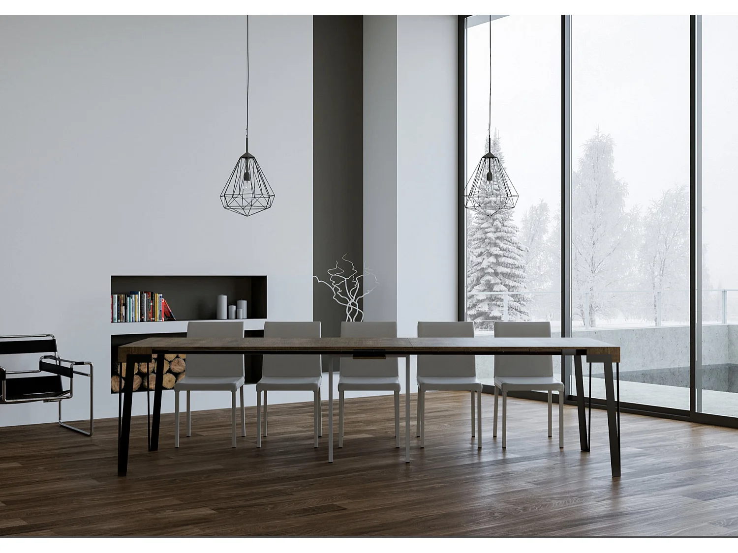 Konta uitschuifbare console design in hout en antraciet staal 90x40/196 of 90x40/300 cm-Kleur Bruin-Voet en steun op zwenkwielen-Verlengsnoeren 5 dunne verlengingen