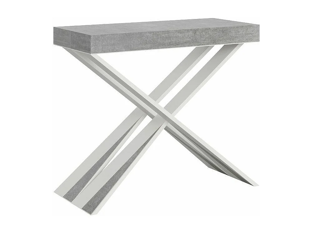 Consola extensible de diseño en madera Diago 90x40/196 o 90x40/300-Color Gris cemento-Base y soporte con ruedas-5 alargaderas finas