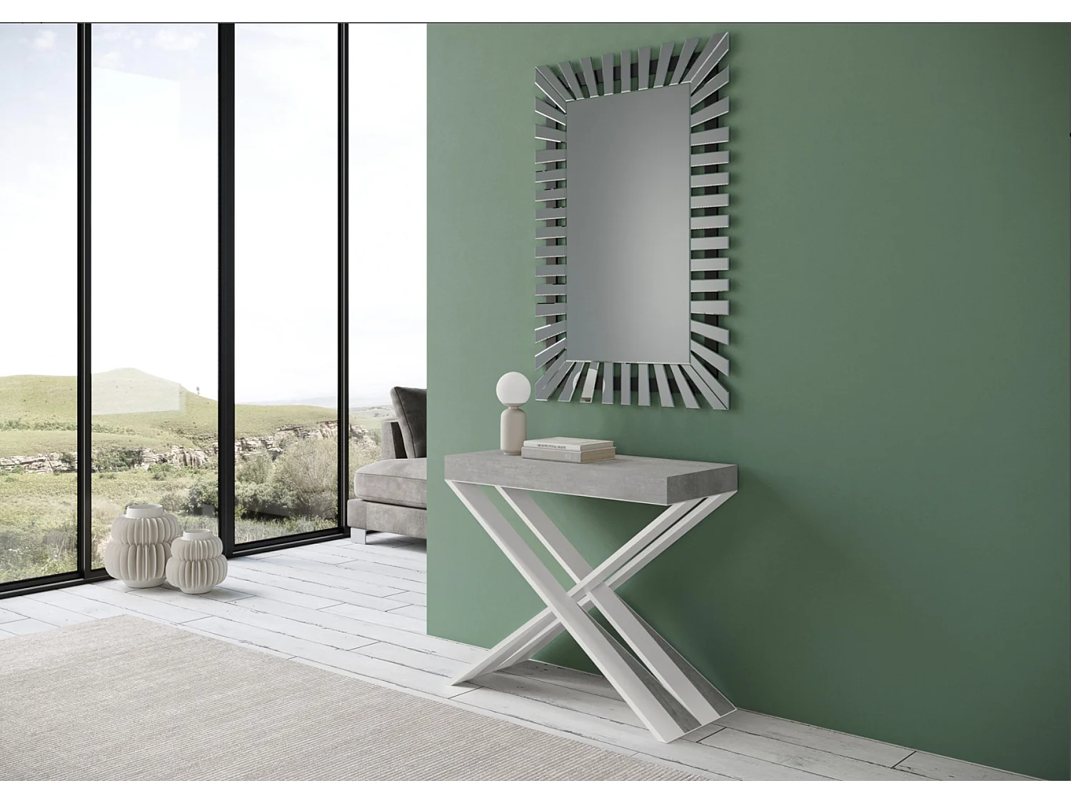 Console extensible bois pieds croisés blanc Diago-Couleur Gris ciment-Sur roulettes-5 rallonges fines