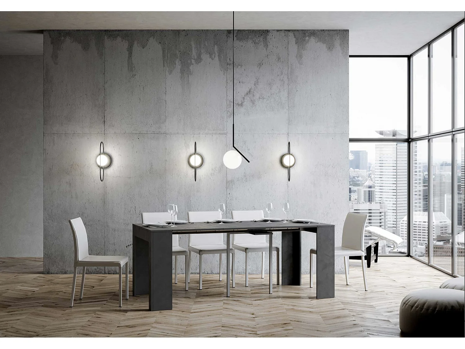 Console extensible contreplaqué spatulé Plako-Couleur Gris anthracite-4 pieds-5 rallonges