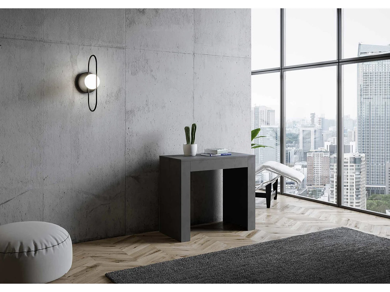 Uitschuifbare console gespateld multiplex 90x42/198 of 90x42/302 cm-Kleur Houtskool grijs-Voet en steun op zwenkwielen-Verlengsnoeren 5 uitbreidingen