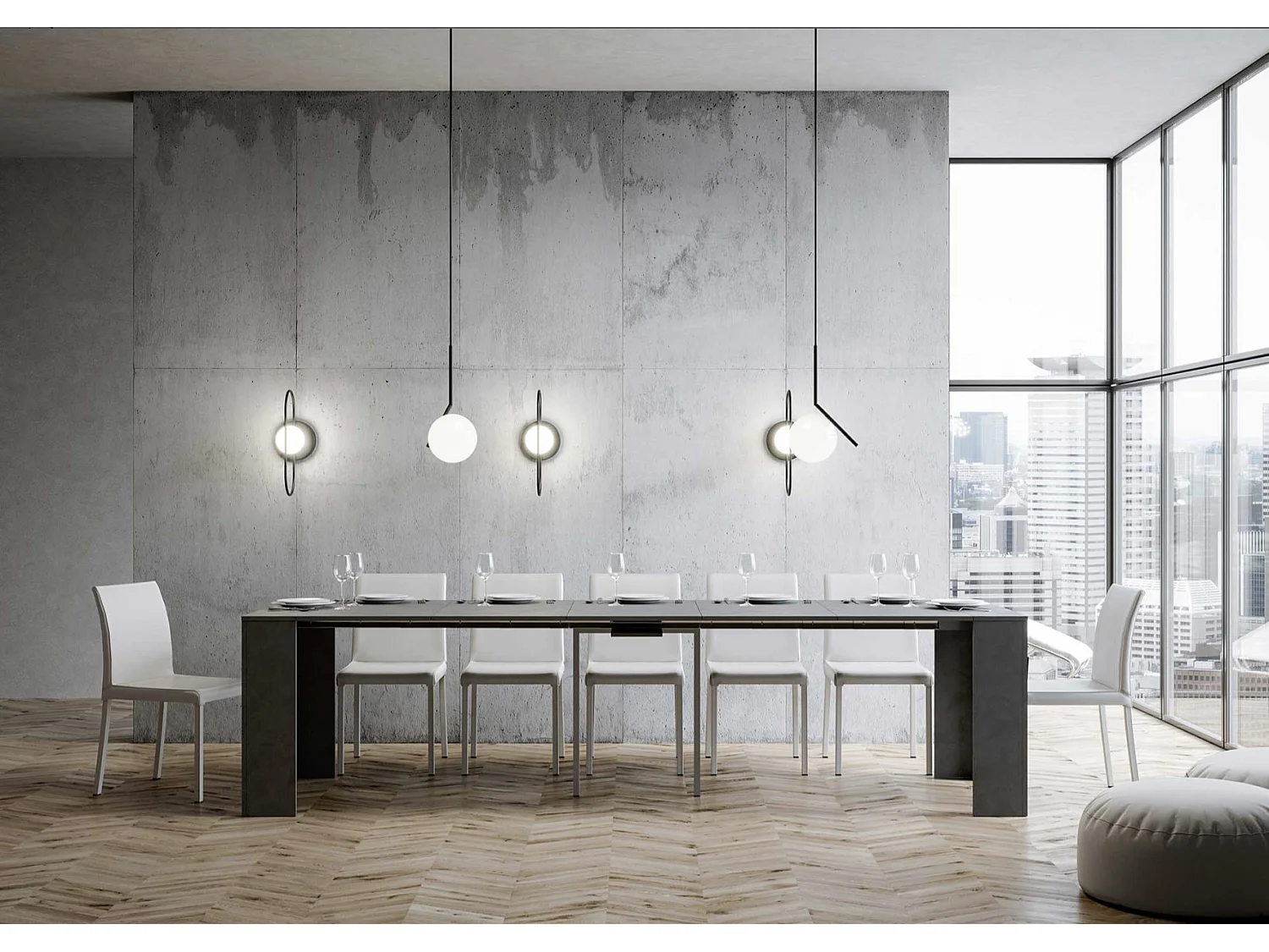 Console extensible contreplaqué spatulé Plako-Couleur Gris anthracite-Sur roulettes-5 rallonges