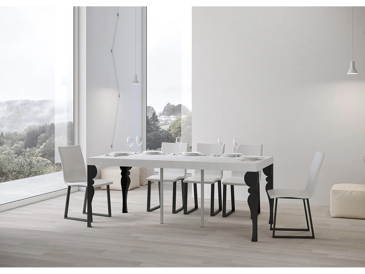 Consola extensible estilo oriental Torza-Color Blanco-Soporte 4 pies-3 alargaderas gruesas