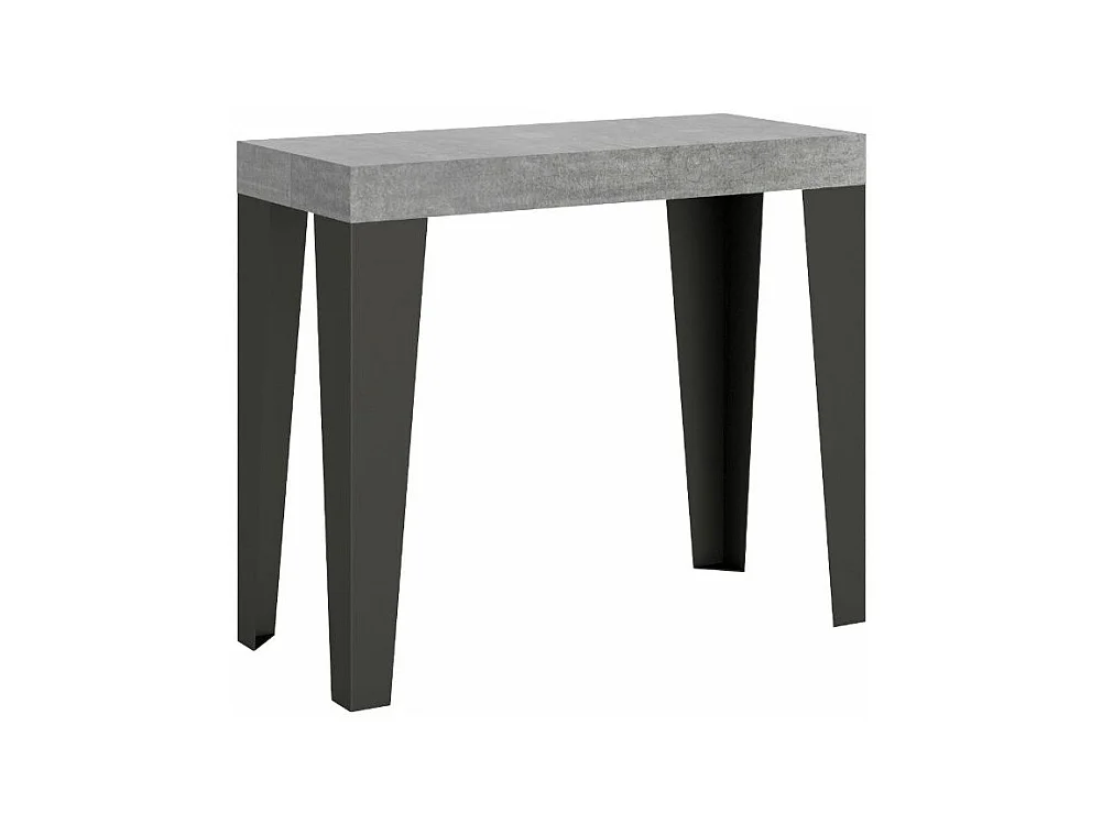 Console extensible design bois et acier mat Flavio-Couleur Gris ciment-2 pieds-3 rallonges épaisses