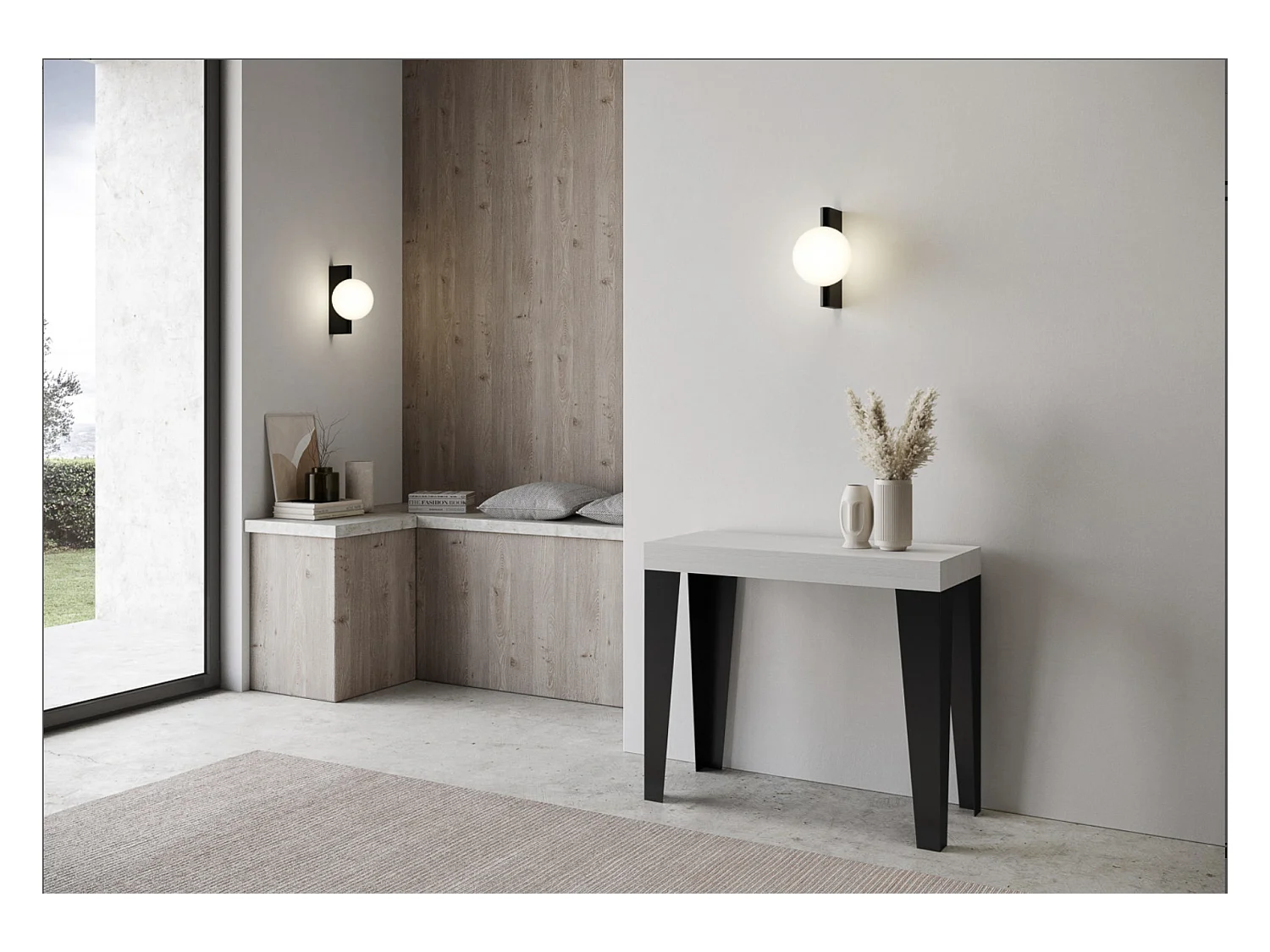 Consola extensible diseño Flavio en madera y hierro 90x40/196 o 90x40/300 cm-Color Gris cemento-Soporte 2 pies-3 alargaderas gruesas