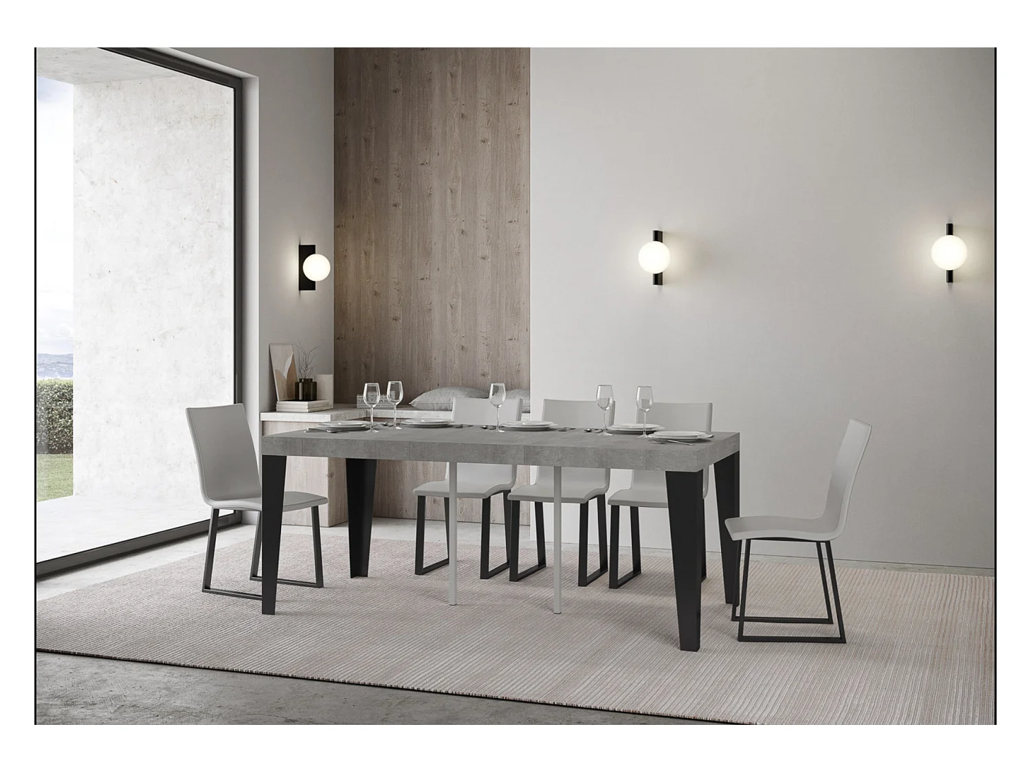 Consola extensible diseño Flavio en madera y hierro 90x40/196 o 90x40/300 cm-Color Gris cemento-Soporte 2 pies-3 alargaderas gruesas