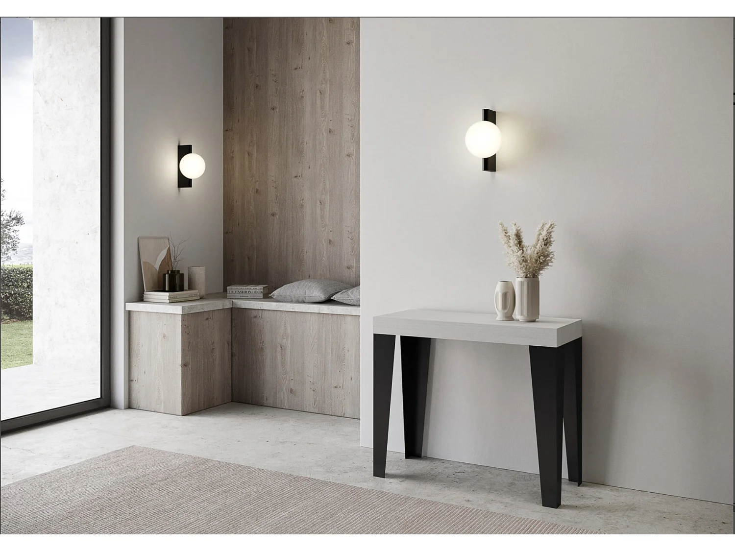 Flavio hout en ijzeren design uitschuifbare console 90x40/196 of 90x40/300 cm-Kleur Cementgrijs-Steun 2 voet-Verlengsnoeren 3 dikke extensies