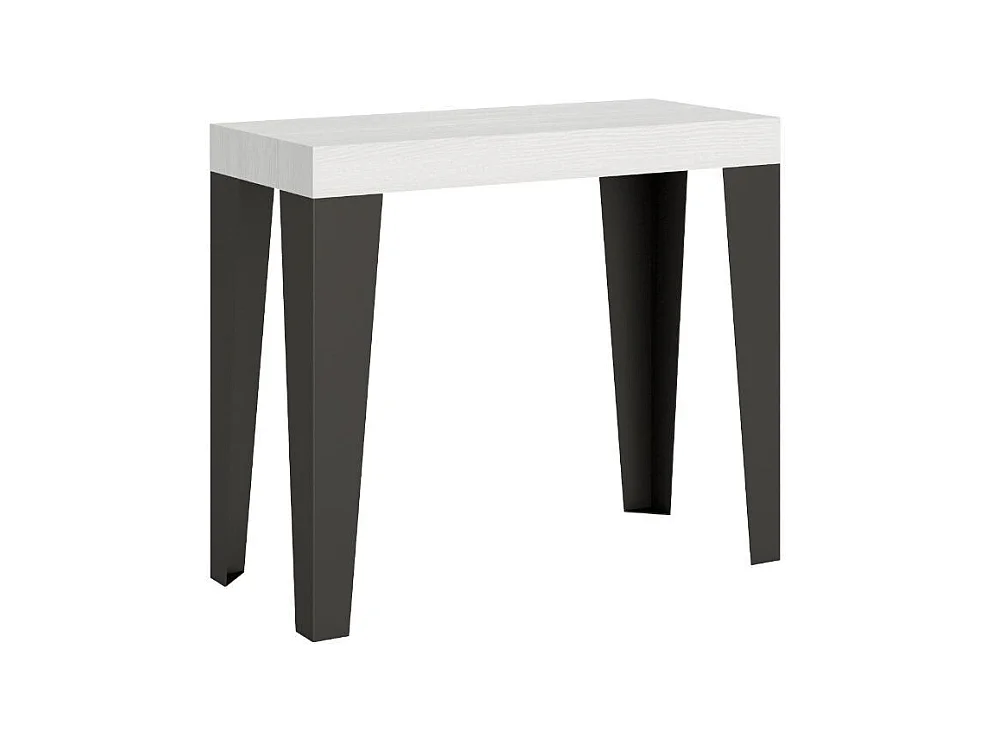 Console extensible design bois et acier mat Flavio-Couleur Blanc-4 pieds-5 rallonges épaisses