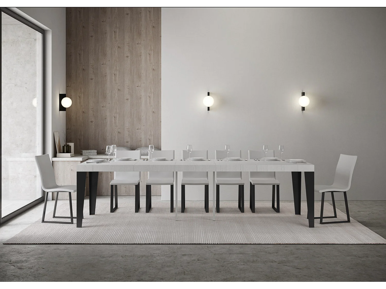 Console extensible design bois et acier mat Flavio-Couleur Blanc-4 pieds-5 rallonges épaisses