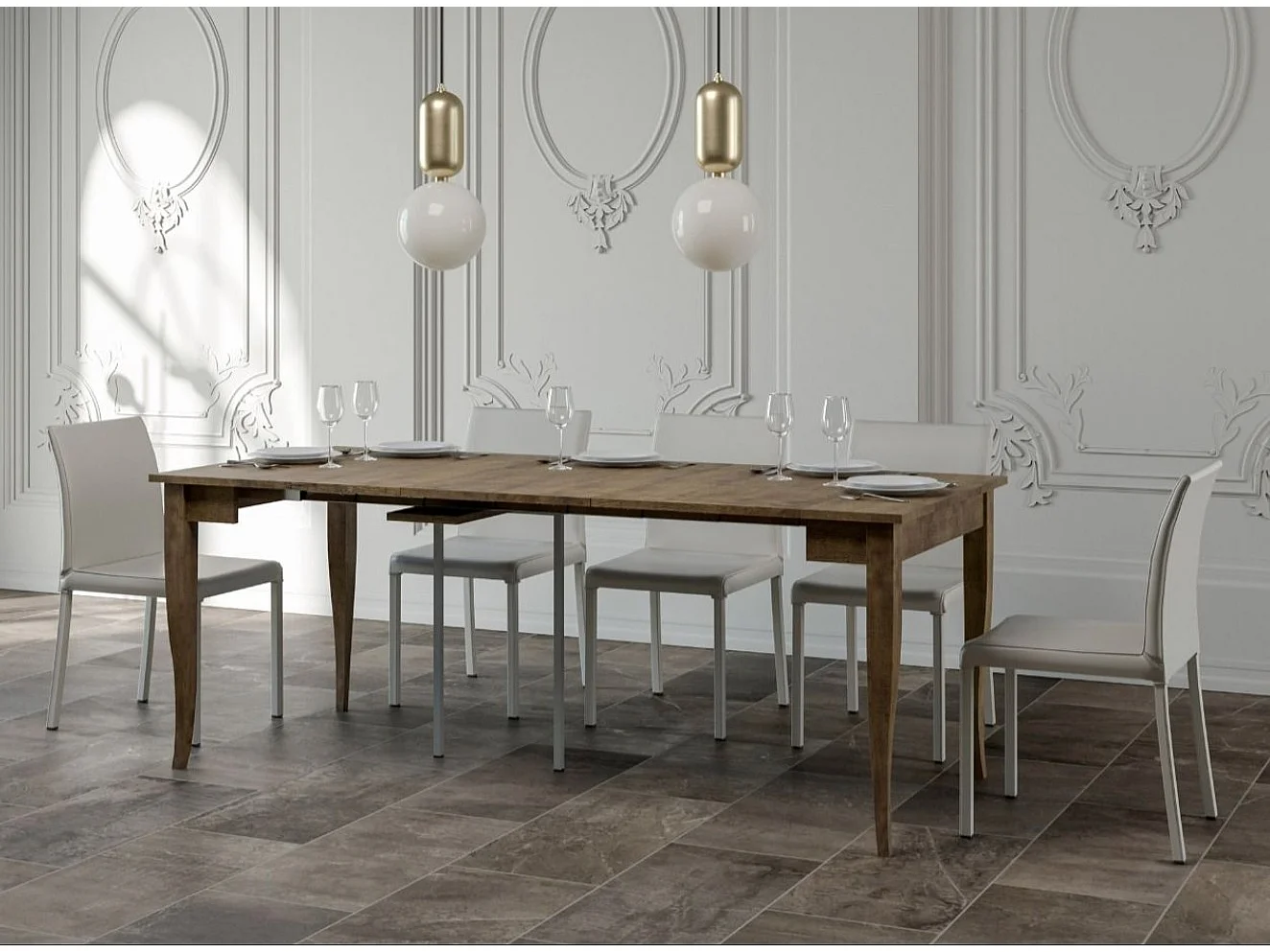 Console extensible classique en bois Kamila-Couleur Marron-Sur roulettes-3 rallonges