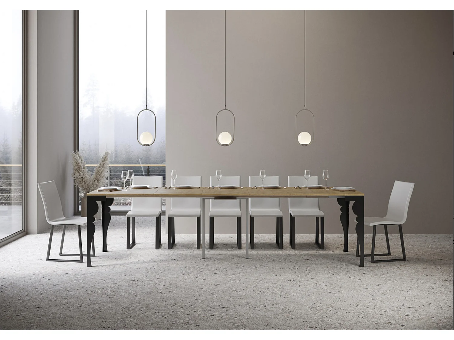 Consola vintage de 14 plazas de 40 a 306 cm Dina-Color Natural-Soporte 4 pies-Alargaderas 5 extensiones