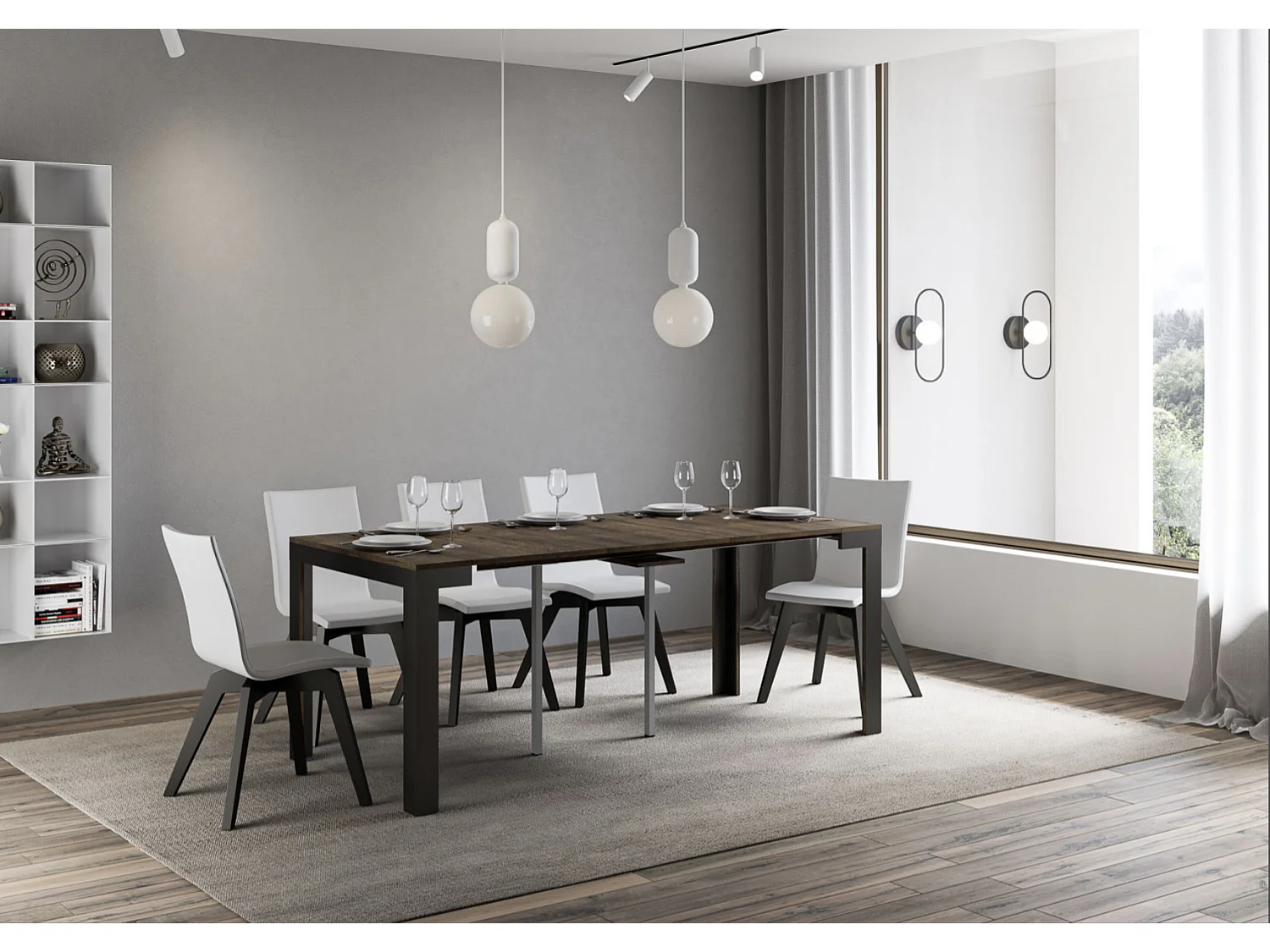 Console extensible bois pieds bois et acier anthracite Liva evolution-Couleur Marron-4 pieds-5 rallonges