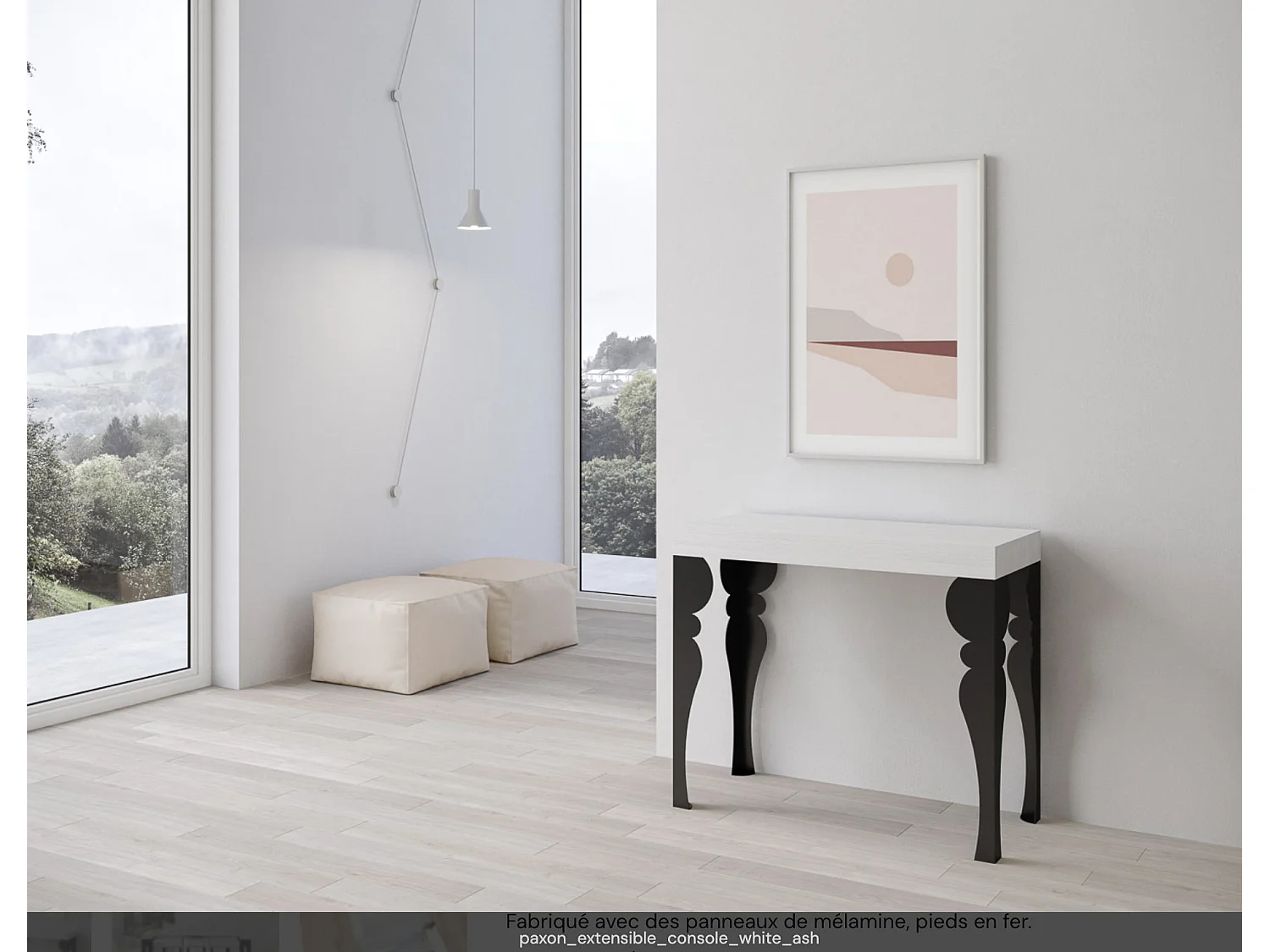 Consola extensible estilo oriental Torza-Color Blanco-Base y soporte con ruedas-3 alargaderas finas