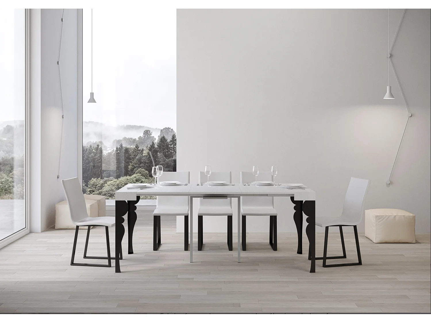 Consola extensible estilo oriental Torza-Color Blanco-Base y soporte con ruedas-3 alargaderas finas