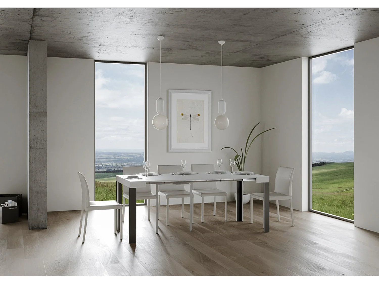 Consola extensible de madera con 4 patas de madera y acero antracita Liva-Color Blanco-Soporte 4 pies-Alargaderas 3 extensiones