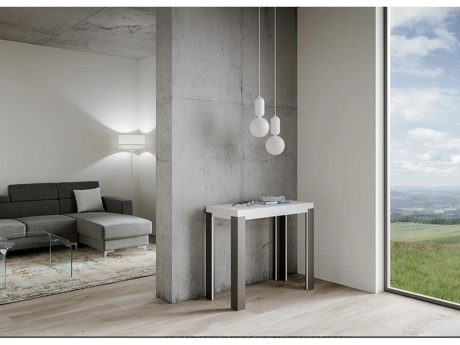 Consola extensible de madera con 4 patas de madera y acero antracita Liva-Color Blanco-Soporte 4 pies-Alargaderas 3 extensiones