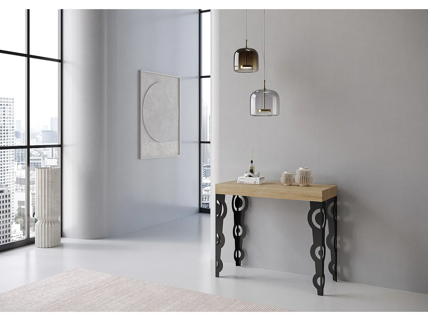 Kazay uitschuifbare console in oosterse stijl 90x40/196 of 90x40/300 cm-Kleur Cementgrijs-Steun 4 voet-Verlengsnoeren 3 dunne verlengingen