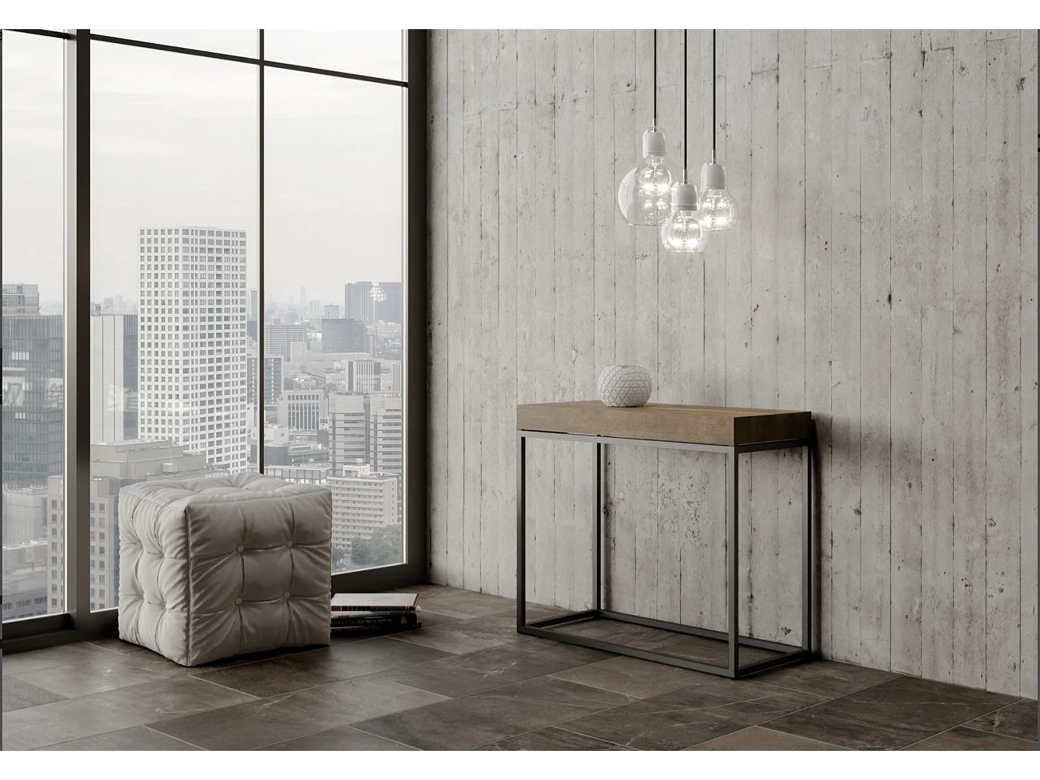 Console extensible bois et acier Noro-Couleur Marron-5 rallonges épaisses