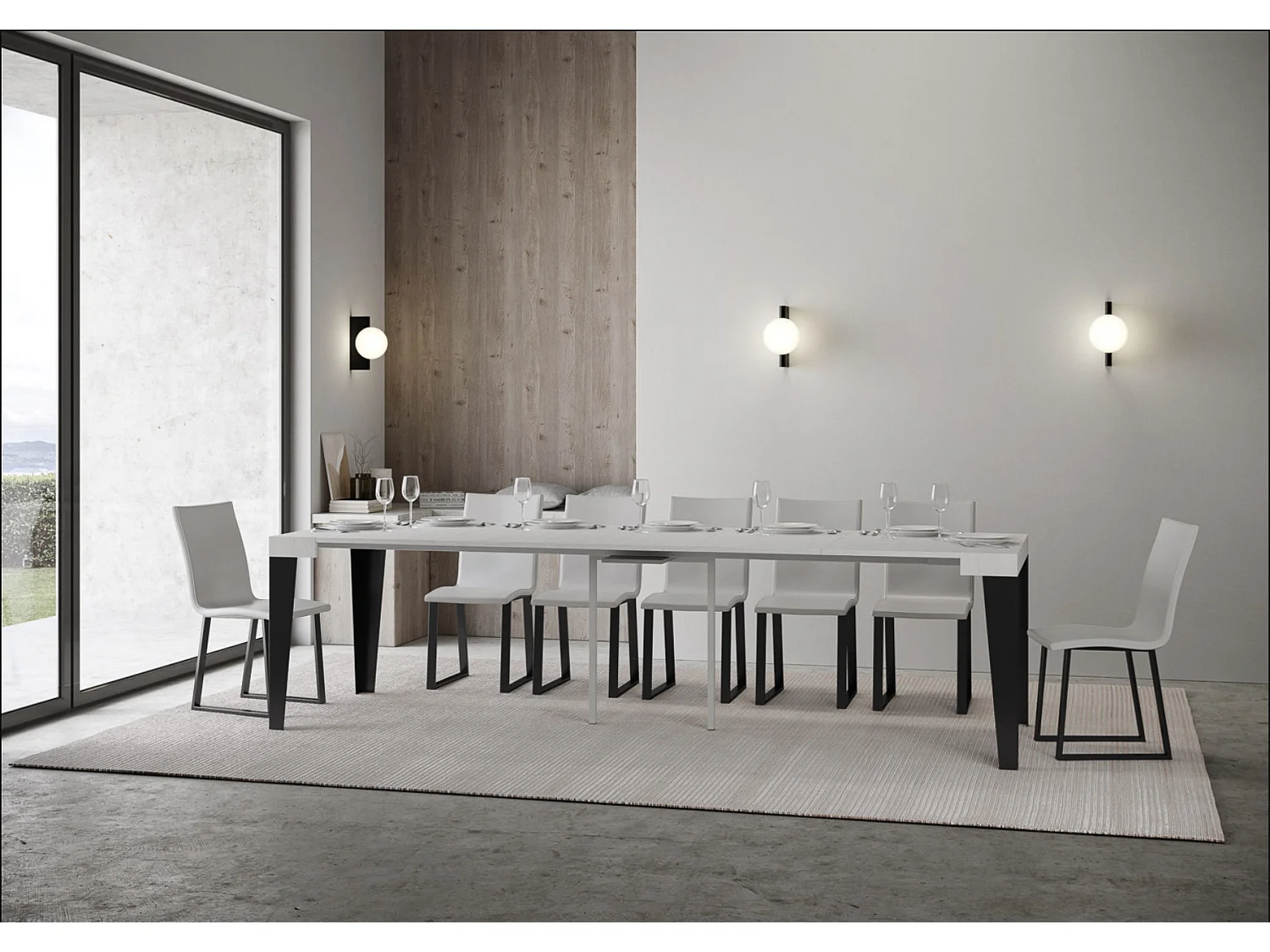 Console extensible design bois et acier mat Flavio-Couleur Blanc-4 pieds-5 rallonges fines