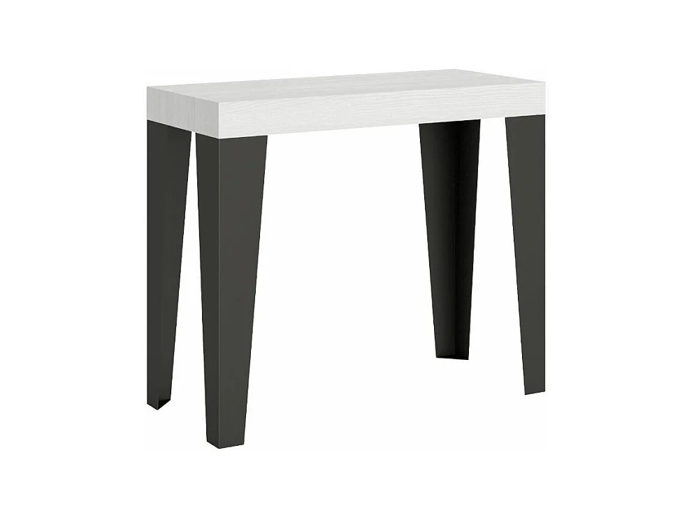 Consola extensible diseño Flavio en madera y hierro 90x40/196 o 90x40/300 cm-Color Blanco-Soporte 4 pies-5 alargaderas finas