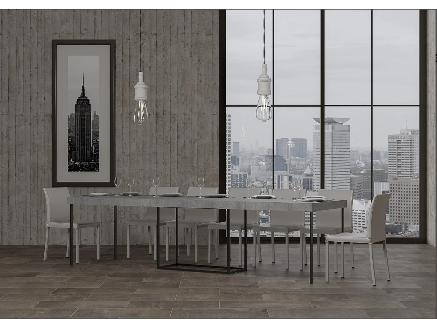 Console extensible bois et acier Noro-Couleur Gris ciment-5 rallonges épaisses