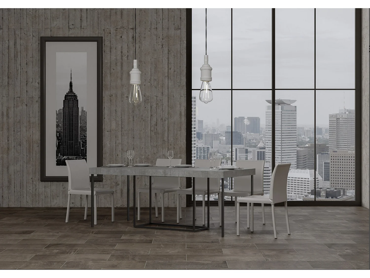 Console extensible bois et acier Noro-Couleur Gris ciment-5 rallonges épaisses