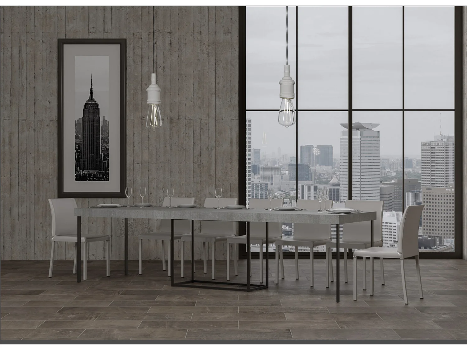 Console extensible bois et acier Noro-Couleur Gris ciment-5 rallonges épaisses