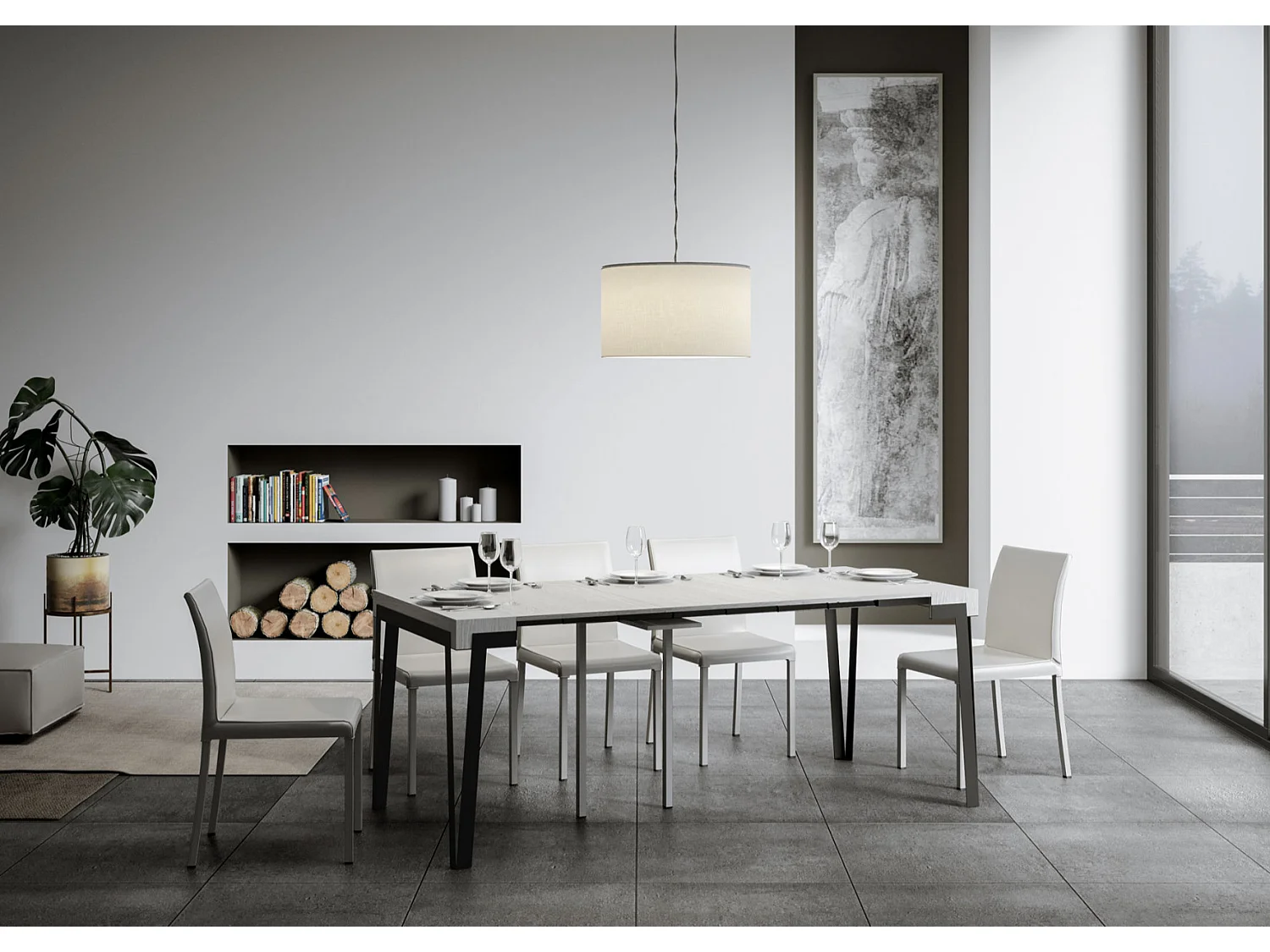 Console extensible design bois et acier anthracite Konta-Couleur Blanc-Sur roulettes-3 rallonges fines