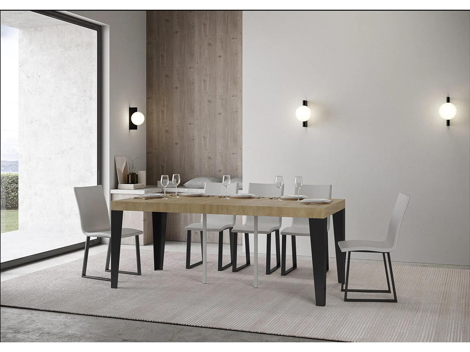 Console extensible design bois et acier mat Flavio-Couleur Naturel-4 pieds-5 rallonges épaisses