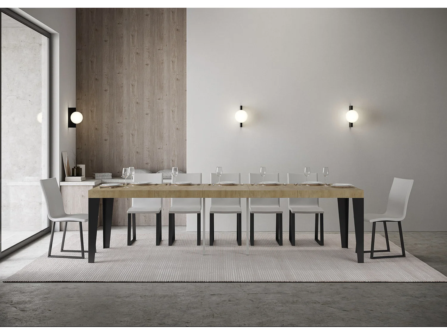 Console extensible design bois et acier mat Flavio-Couleur Naturel-4 pieds-5 rallonges épaisses