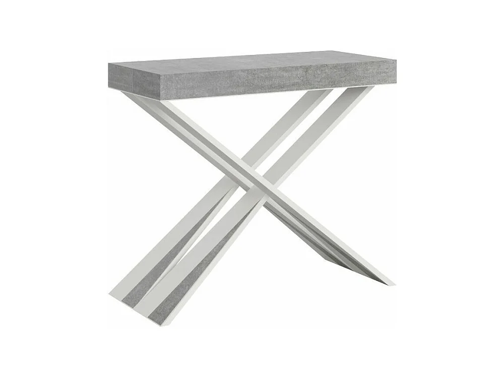 Console extensible bois pieds croisés blanc Diago-Couleur Gris ciment-4 pieds-3 rallonges fines
