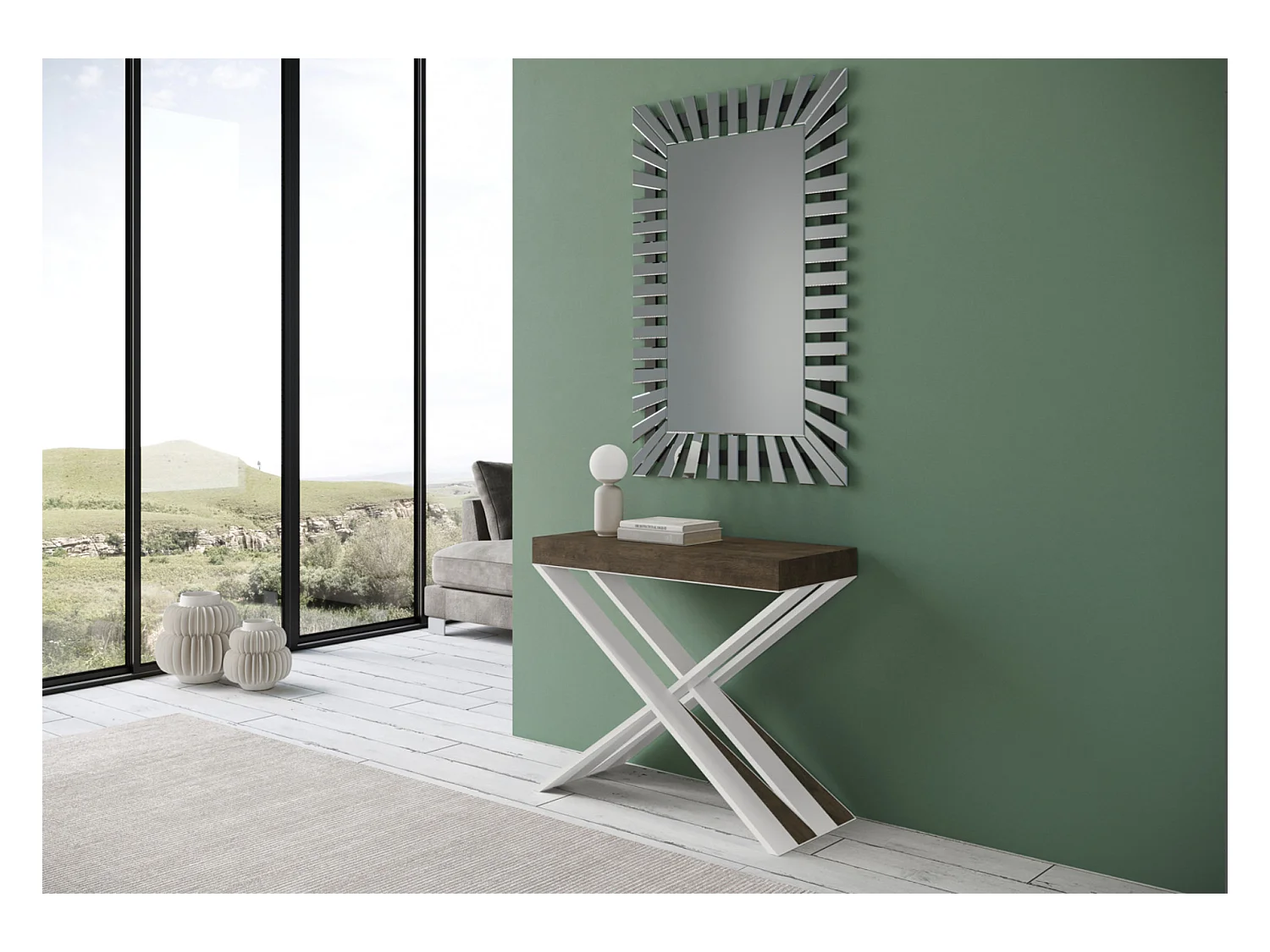 Console extensible bois pieds croisés blanc Diago-Couleur Marron-4 pieds-3 rallonges fines