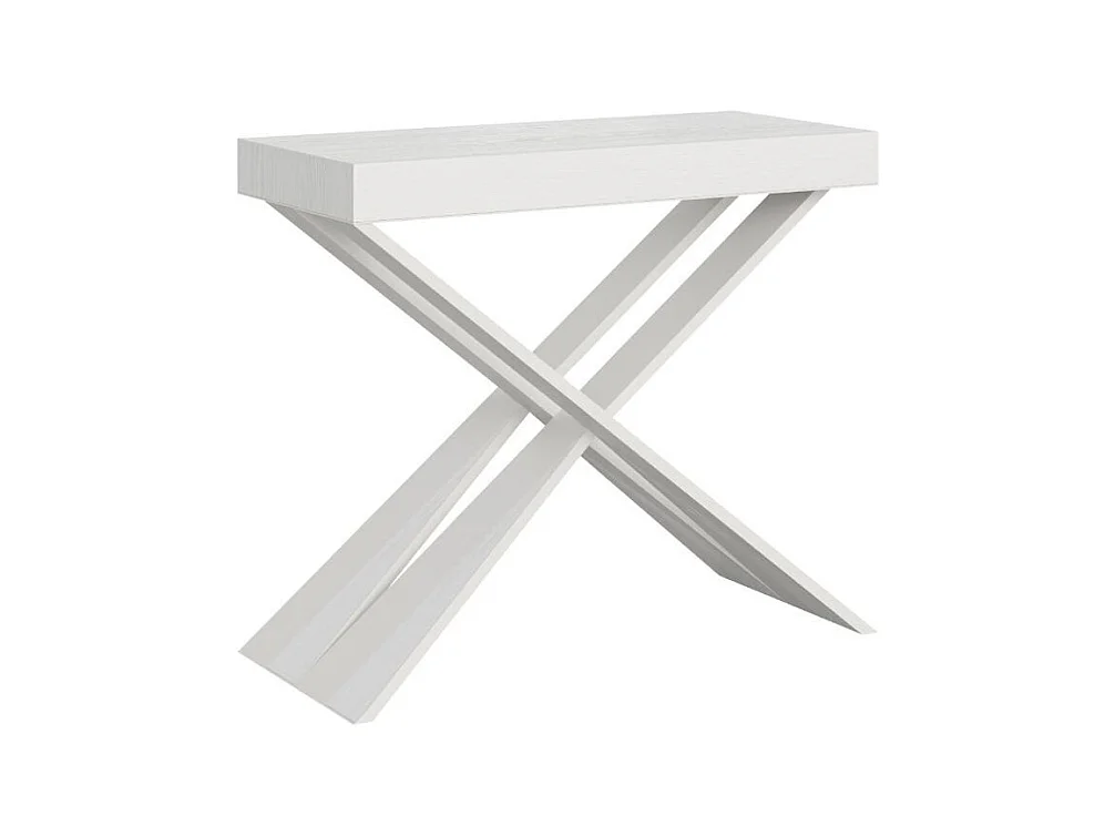 Console extensible bois pieds croisés blanc Diago-Couleur Marron-4 pieds-3 rallonges fines