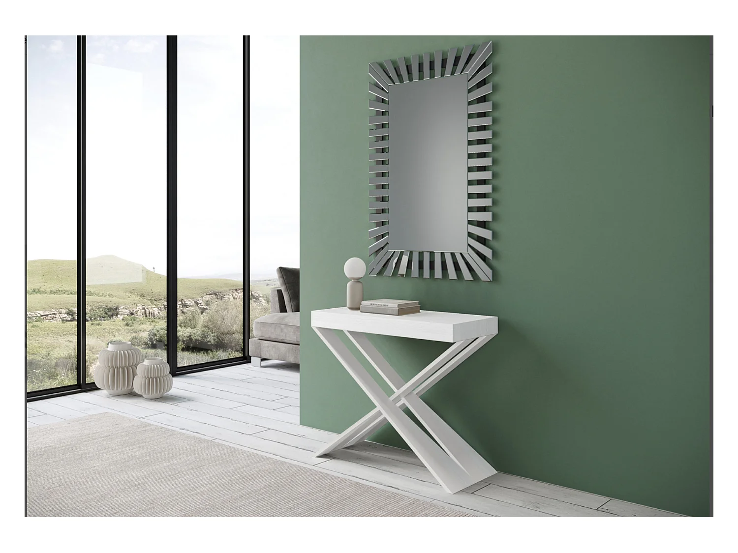 Console extensible bois pieds croisés blanc Diago-Couleur Marron-4 pieds-3 rallonges fines