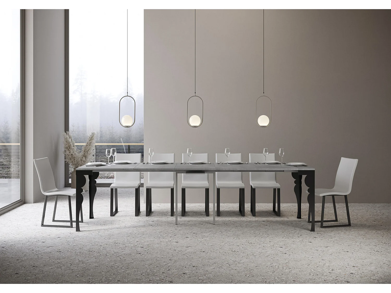 Consola vintage de 14 plazas de 40 a 306 cm Dina-Color Gris cemento-Soporte 4 pies-Alargaderas 5 extensiones