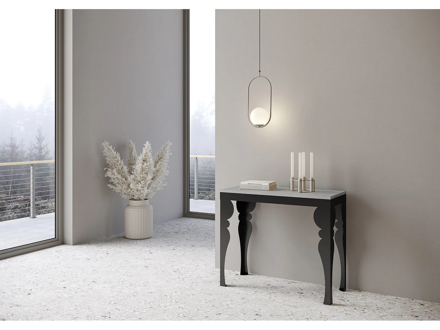 Console extensible style orientale Torza evolution-Couleur Gris ciment-4 pieds-5 rallonges