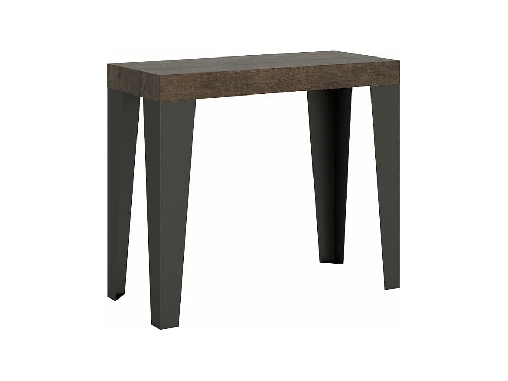 Console extensible design bois et acier mat Flavio-Couleur Marron-4 pieds-3 rallonges épaisses