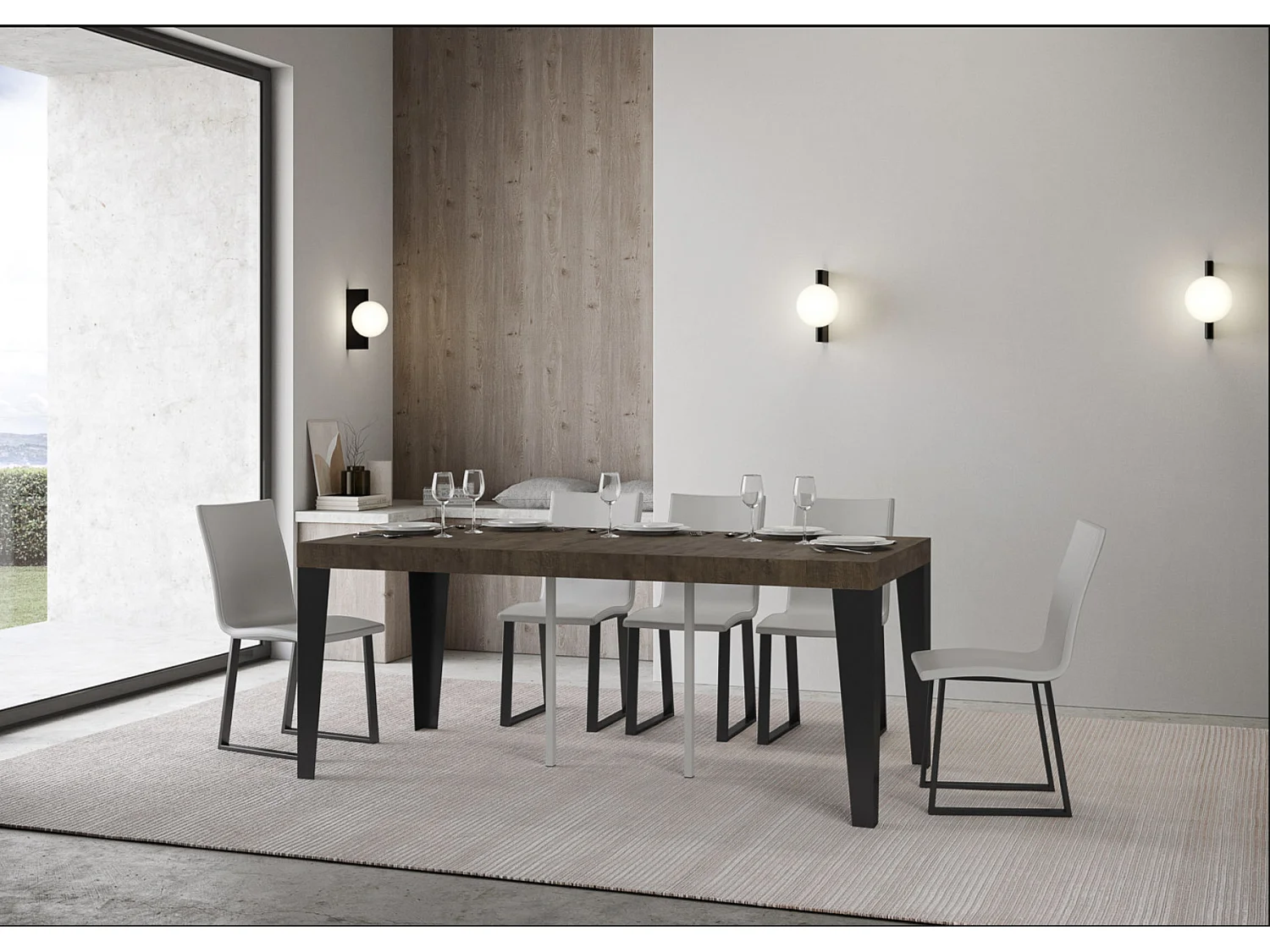 Consola extensible diseño Flavio en madera y hierro 90x40/196 o 90x40/300 cm-Color Marrón-Soporte 4 pies-3 alargaderas gruesas