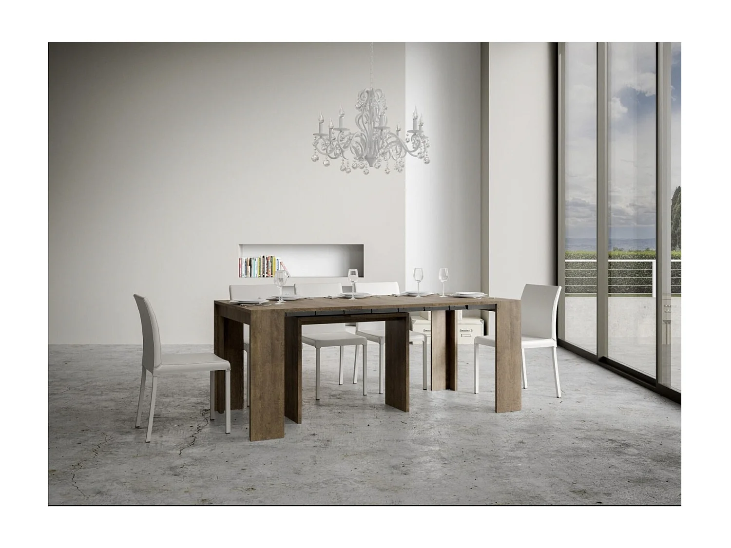 Console extensible en bois Mila-Couleur Marron-Sur roulettes-3 rallonges