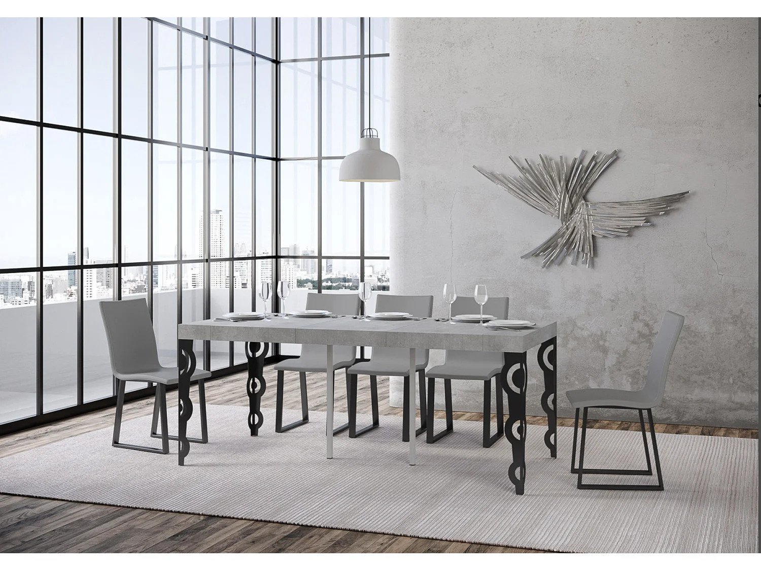 Kazay uitschuifbare console in oosterse stijl 90x40/196 of 90x40/300 cm-Kleur Cementgrijs-Steun 4 voet-Verlengsnoeren 3 dikke extensies