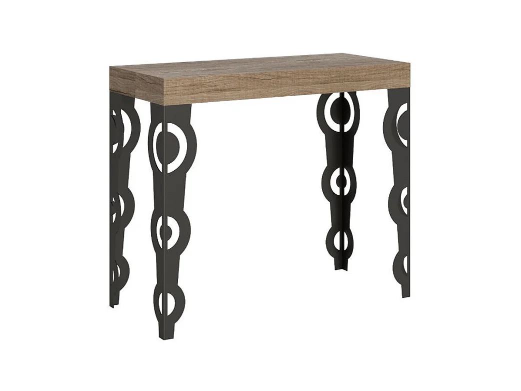 Consola extensible estilo oriental Kazay 90x40/196 o 90x40/300 cm-Color Natural-Base y soporte con ruedas-5 alargaderas finas