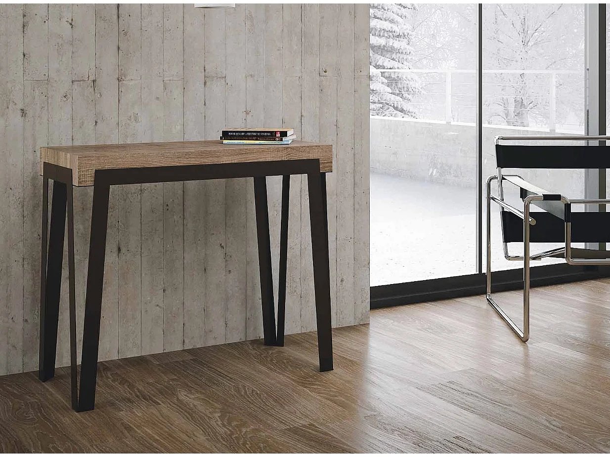 Console extensible design bois et acier anthracite Konta-Couleur Naturel-Sur roulettes-5 rallonges fines