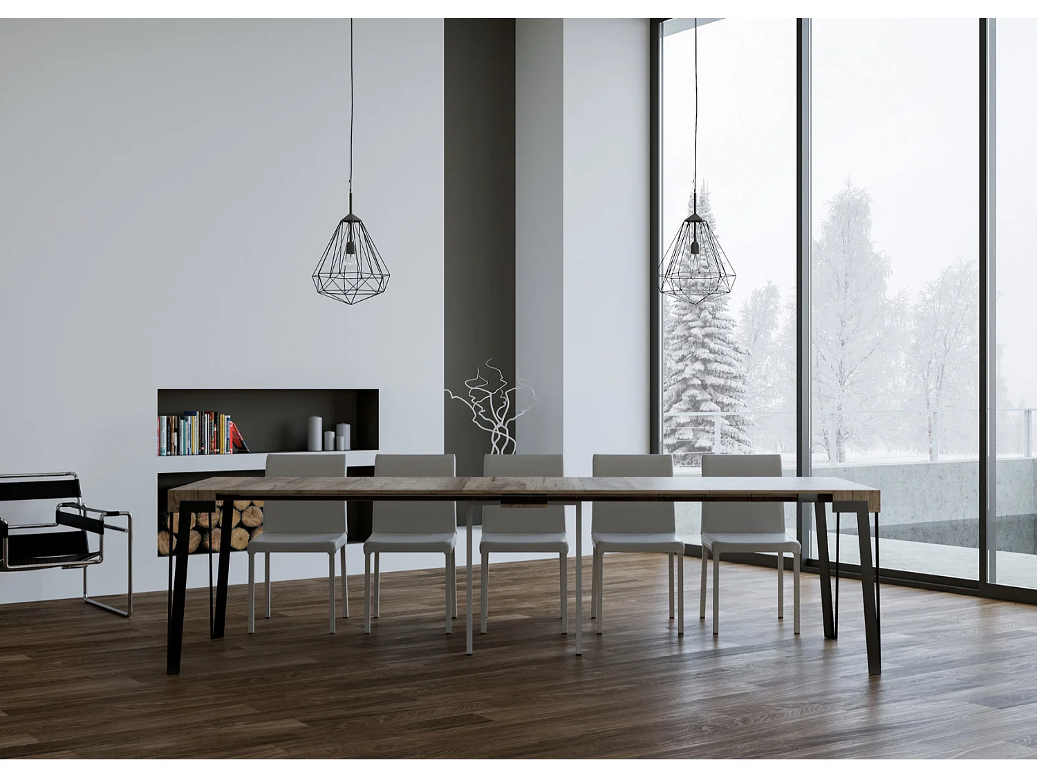 Console extensible design bois et acier anthracite Konta-Couleur Naturel-Sur roulettes-5 rallonges fines