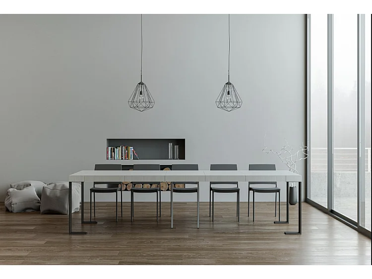 Console extensible bois et acier Tiroz-Couleur Blanc-Sur roulettes-5 rallonges fines