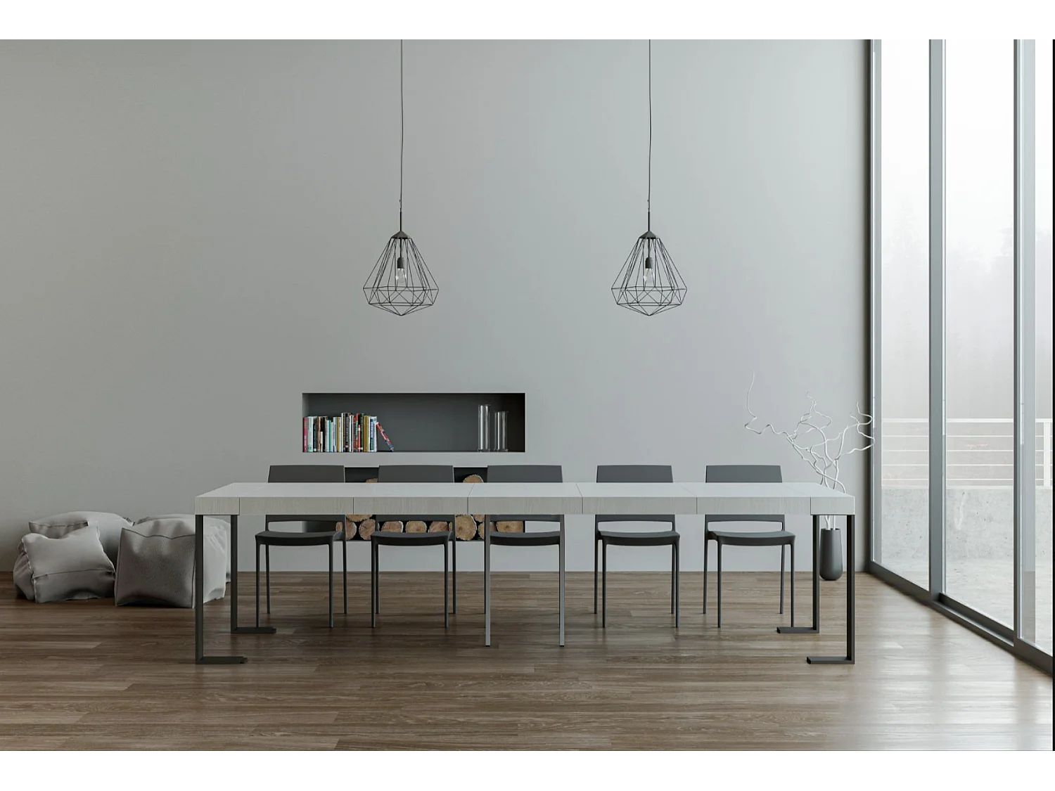 Console extensible bois et acier Tiroz-Couleur Blanc-Sur roulettes-5 rallonges fines
