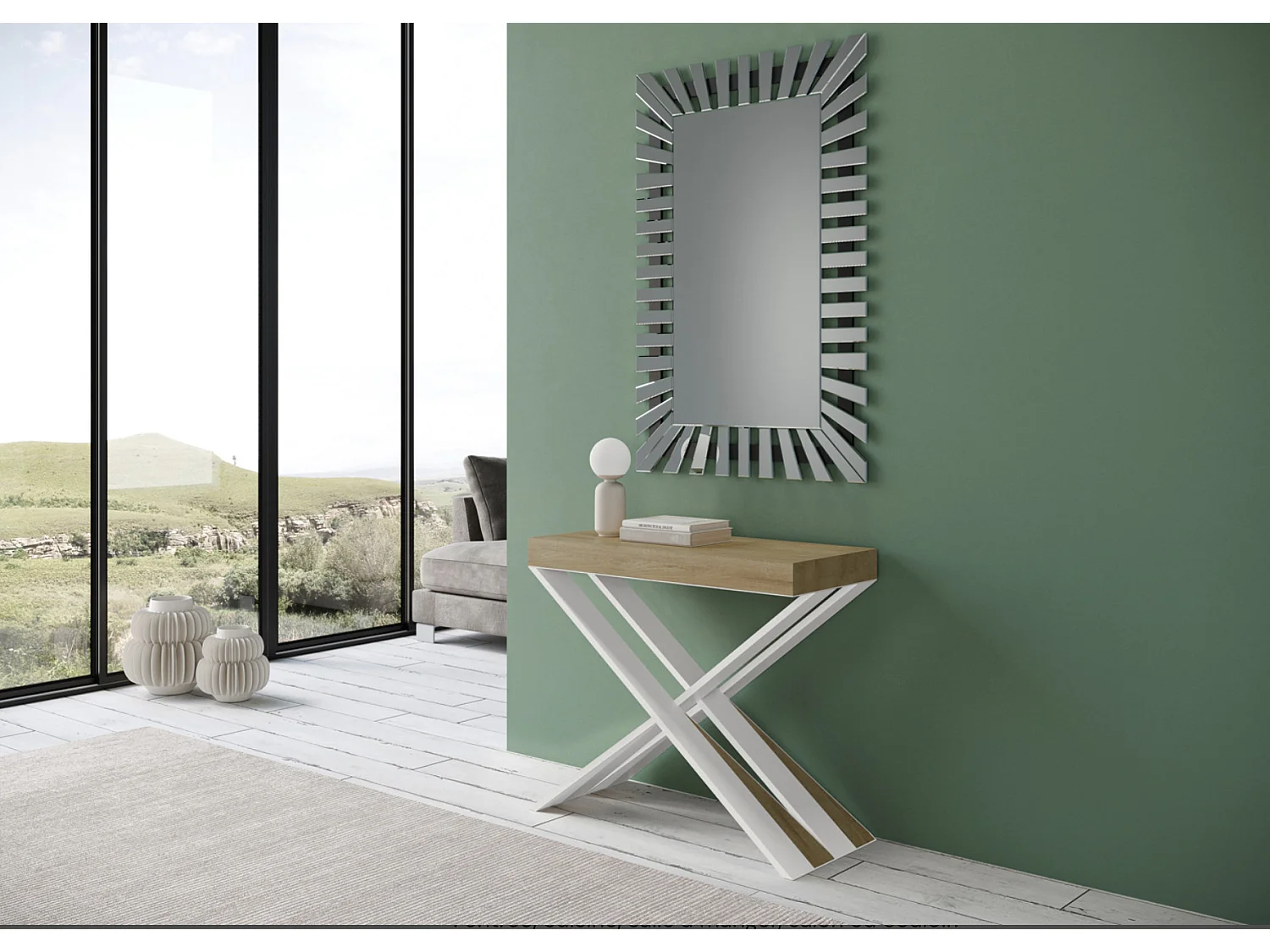 Console extensible bois pieds croisés blanc Diago-Couleur Naturel-4 pieds-3 rallonges fines