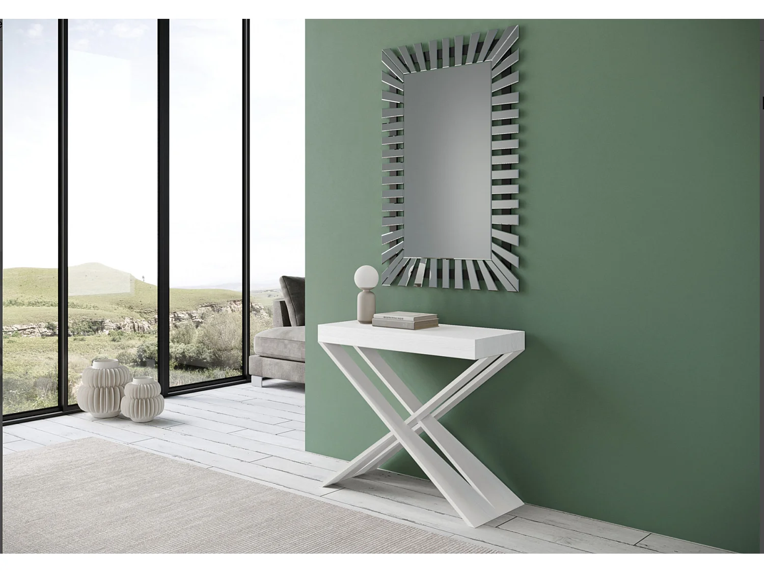 Consola extensible de diseño en madera Diago 90x40/196 o 90x40/300-Color Blanco-Base y soporte con ruedas-5 alargaderas finas