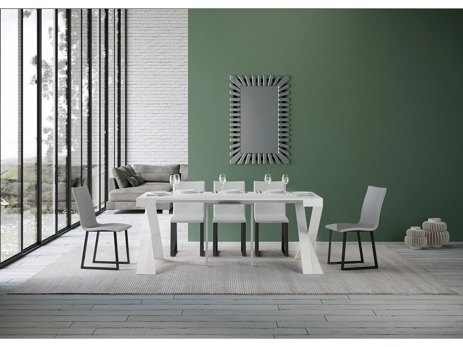 Consola extensible de diseño en madera Diago 90x40/196 o 90x40/300-Color Blanco-Base y soporte con ruedas-5 alargaderas finas